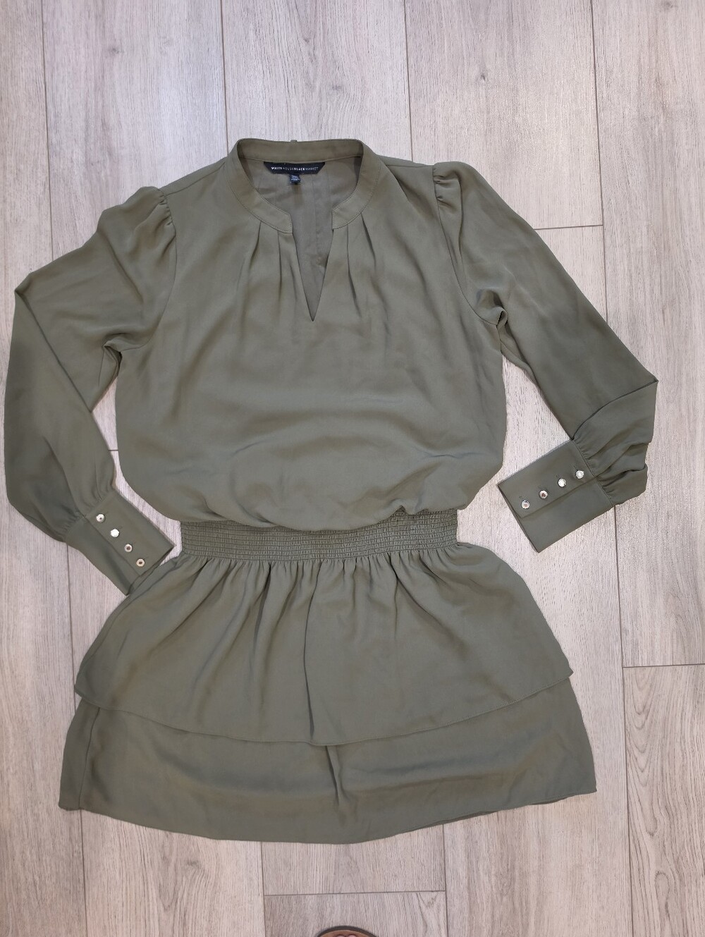 White House Black Market Olive Green Smocked Waist Tiered Dress M